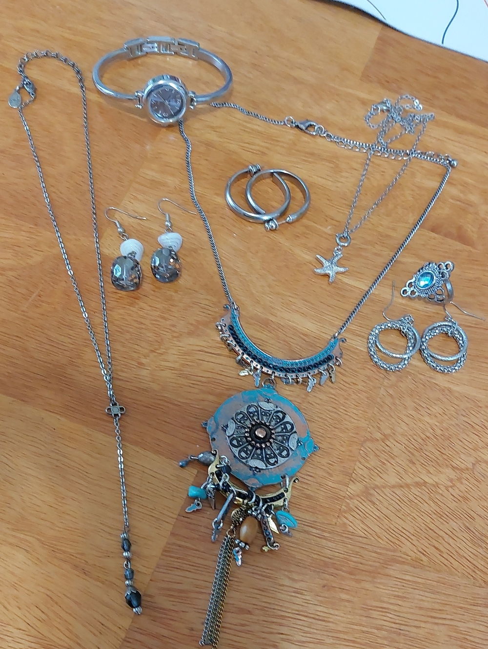 Robert Rose Silver Y Necklace Faded Glory Watch Jewelry Lot Ring 3pr Earrings